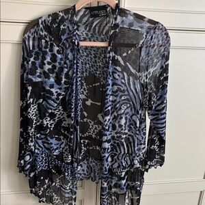 Attitudes by Renee Blue and Black 3/4 animal print mesh shrug or topper.L